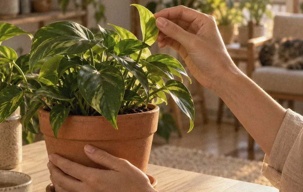 Mãos segurando um vaso de barro com uma planta, numa sala clara