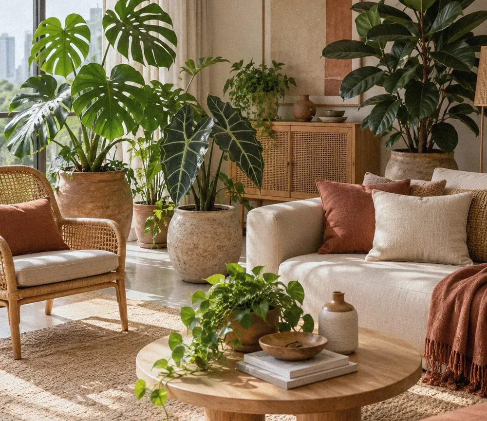 Sala de estar cheia de plantas, do tipo que a gente salva no Pinterest